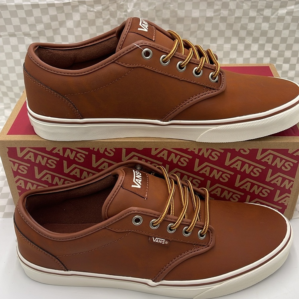 Vans Men’s Brown Leather Sneakers White Accents Atwood (Leather)Brown/Mashmallow - Picture 2 of 16